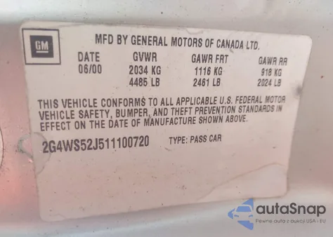 2001 Buick Century Custom z USA, uszkodzony, nr VIN 2G4WS52J511100720